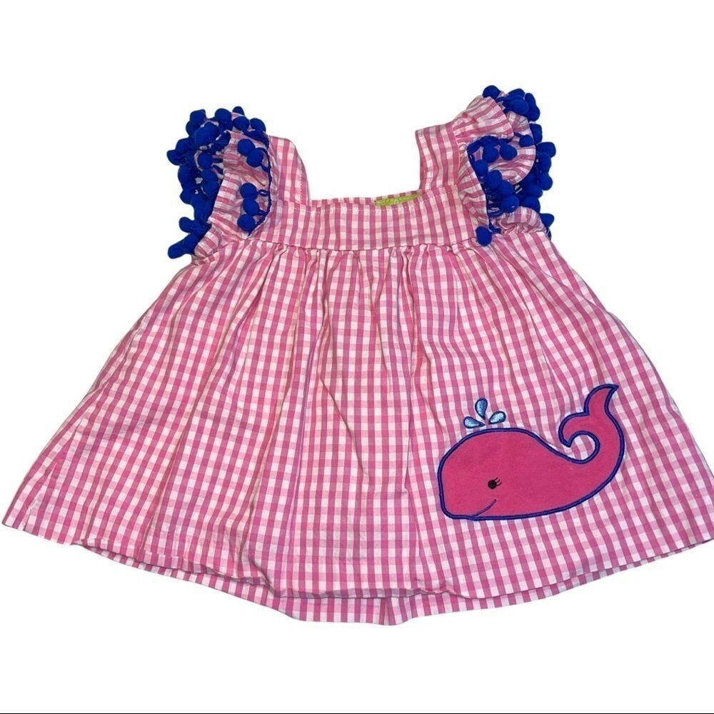 4/$25 -‎ Classic Whimsy Pink & White Gingham Top with Blue Pom Poms at Sleeves